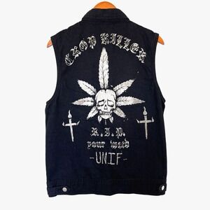 UNIF Crop Killer Black Denim Vest Sz M Layers Edgy Grunge Punk Streetwear Unisex